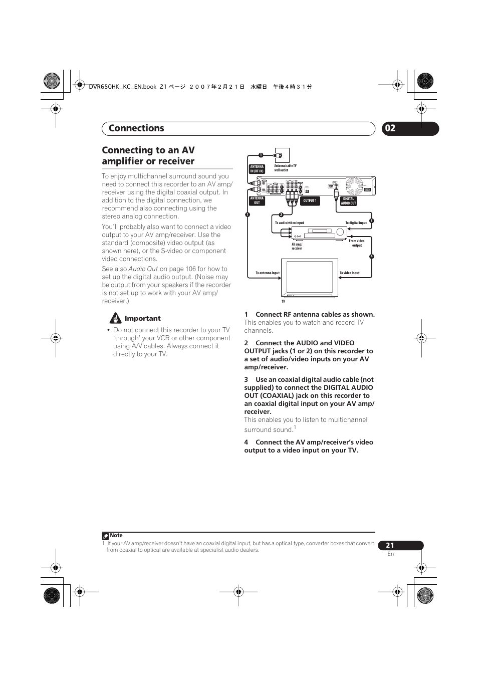 Connecting to an av amplifier or receiver, Connections, 02 connecting to an av | Amplifier or receiver, Coaxial hdmi out | Pioneer DVR-650H-K User Manual | Page 21 / 130