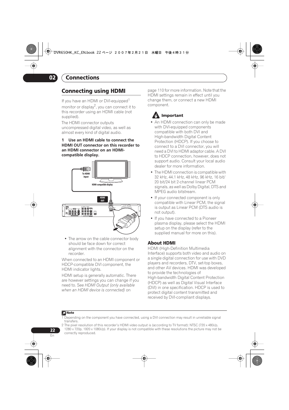 Connecting using hdmi, Connections 02, About hdmi | Coaxial | Pioneer DVR-650H-K User Manual | Page 22 / 130