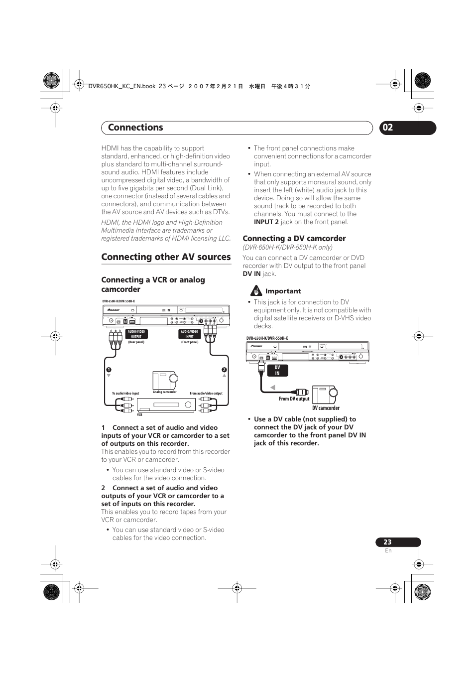 Connecting other av sources, Connections | Pioneer DVR-650H-K User Manual | Page 23 / 130