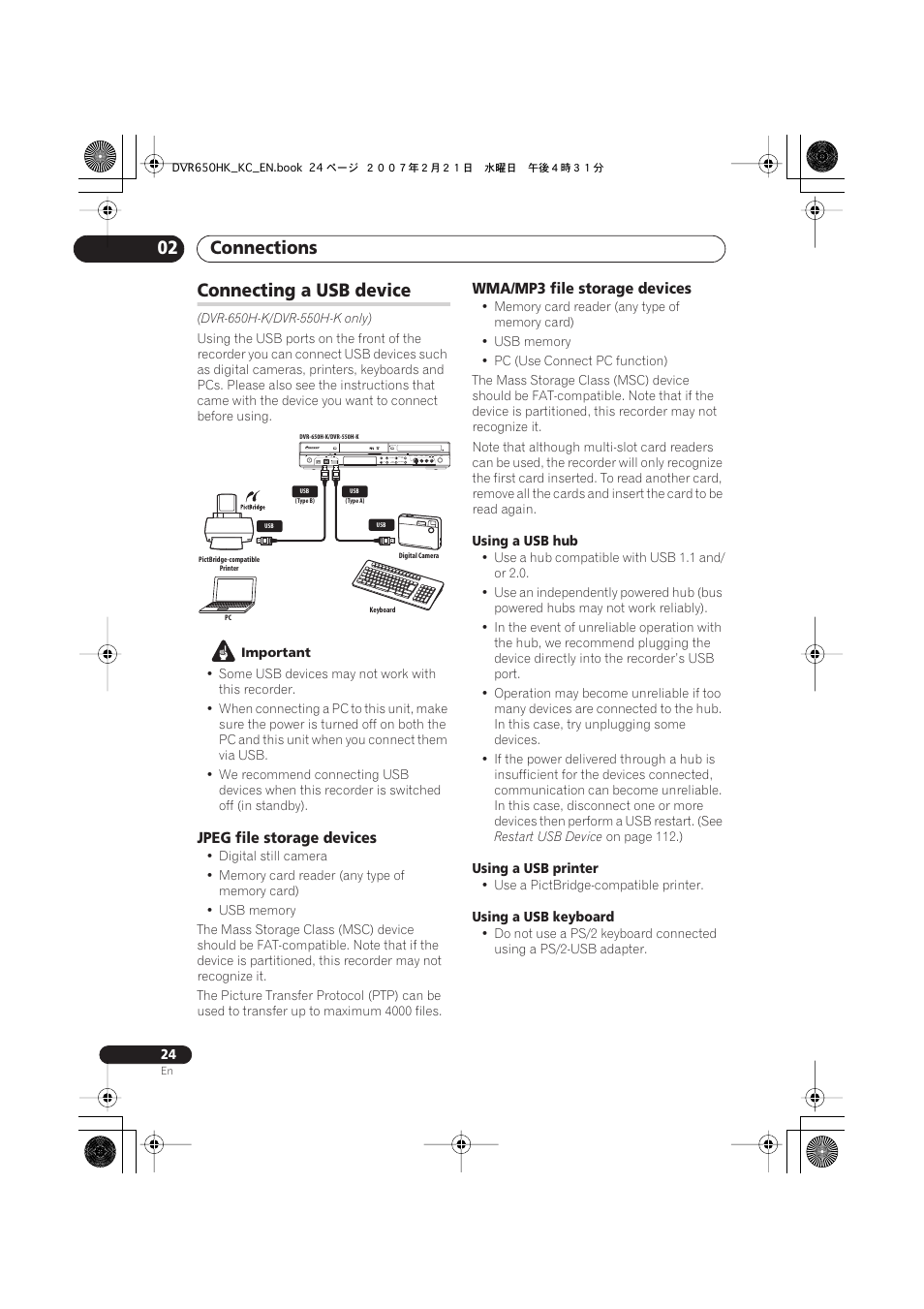 Connecting a usb device, Connections 02 | Pioneer DVR-650H-K User Manual | Page 24 / 130