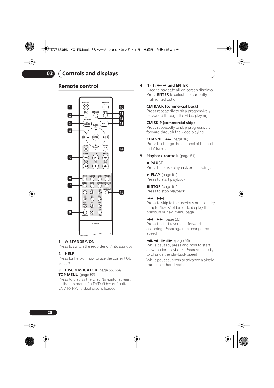 Remote control, Controls and displays 03 | Pioneer DVR-650H-K User Manual | Page 28 / 130