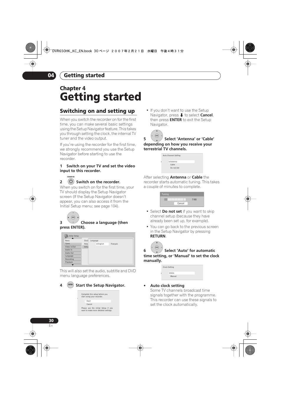 04 getting started, Switching on and setting up, Getting started | Getting started 04, Chapter 4 | Pioneer DVR-650H-K User Manual | Page 30 / 130