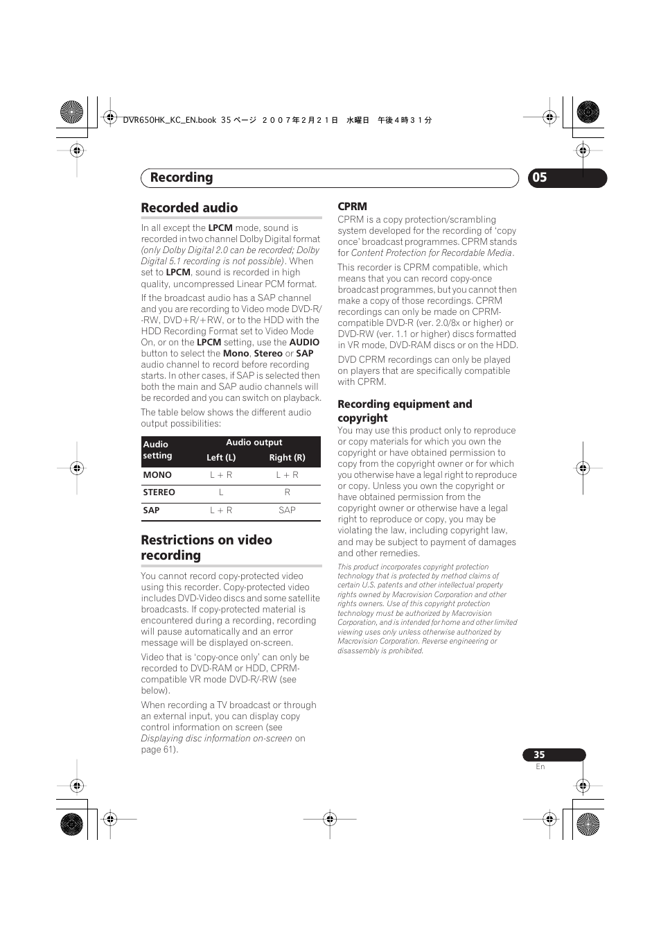 Recorded audio, Restrictions on video recording, Recording | Restrictions on video | Pioneer DVR-650H-K User Manual | Page 35 / 130