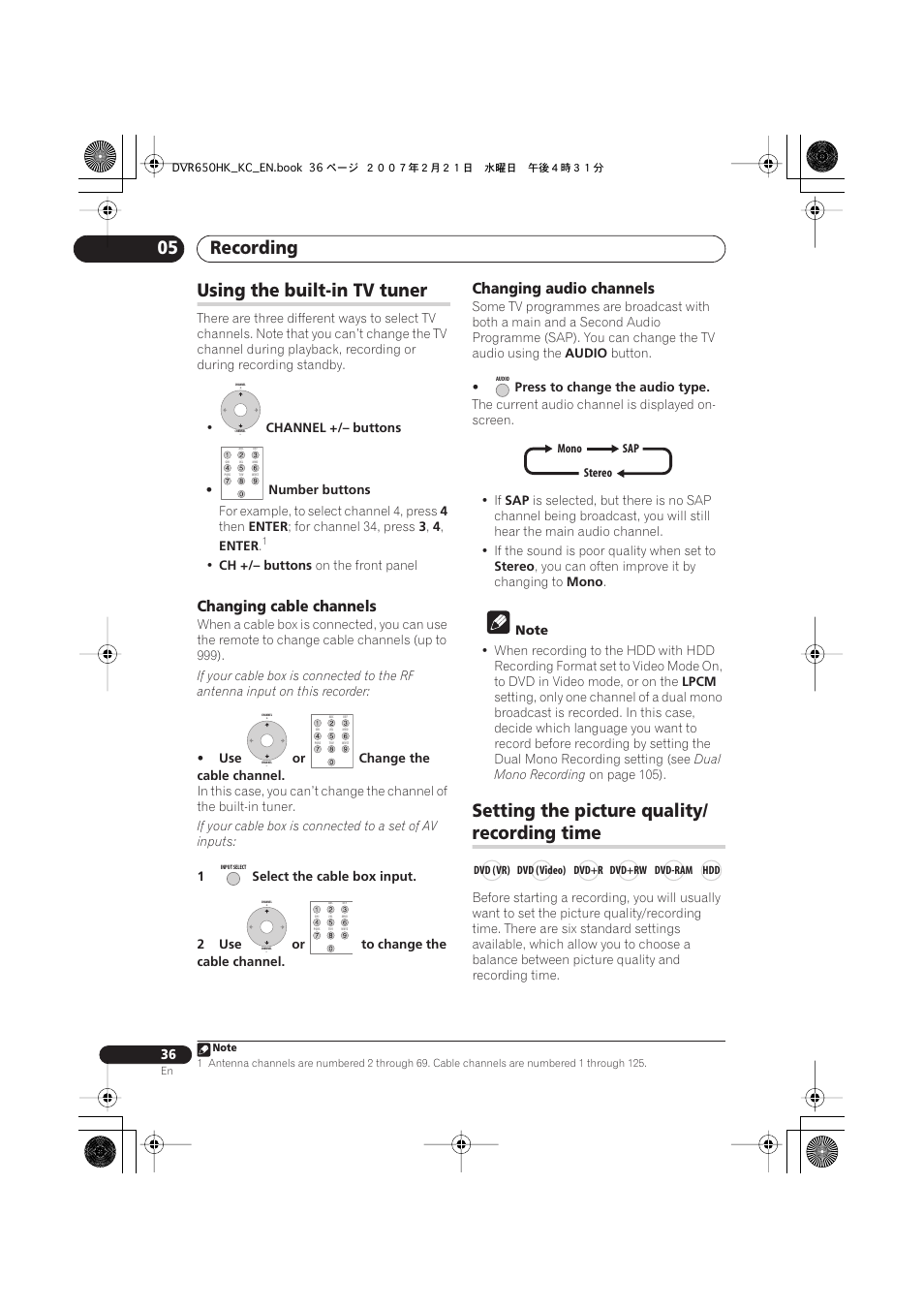 Using the built-in tv tuner, Setting the picture quality/ recording time, Recording 05 | Setting the picture quality, Recording time, Changing cable channels, Changing audio channels | Pioneer DVR-650H-K User Manual | Page 36 / 130