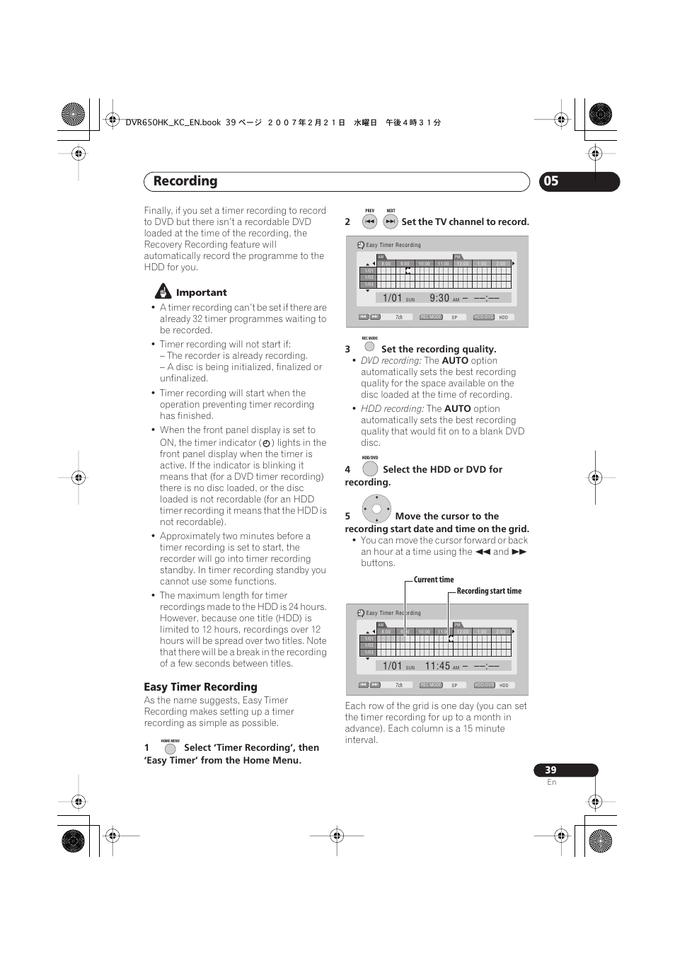 Recording, Easy timer recording | Pioneer DVR-650H-K User Manual | Page 39 / 130