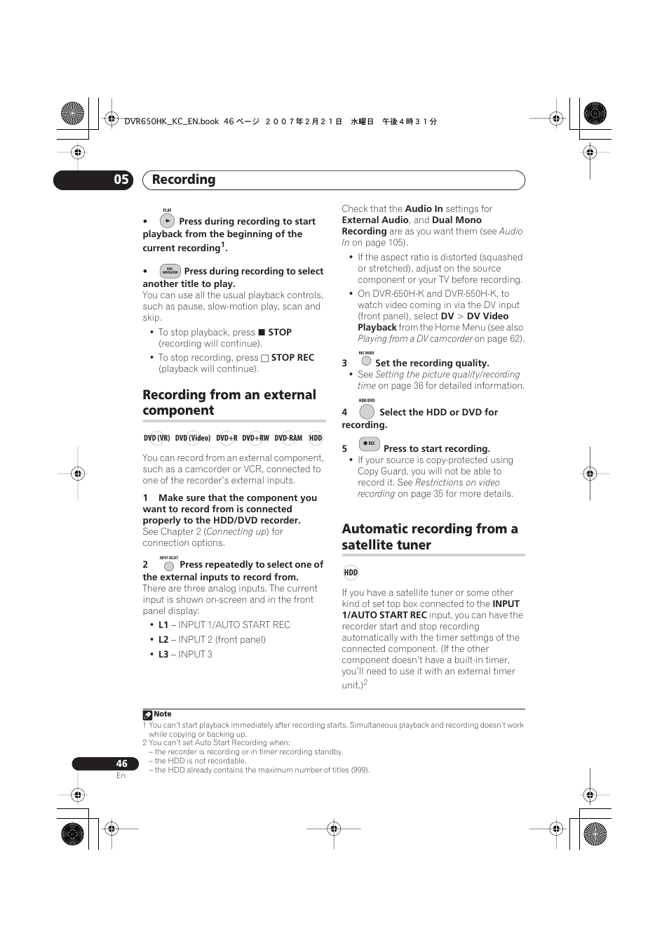 Recording from an external component, Automatic recording from a satellite tuner, Recording 05 | Recording from an external, Component, Automatic recording from a, Satellite tuner | Pioneer DVR-650H-K User Manual | Page 46 / 130