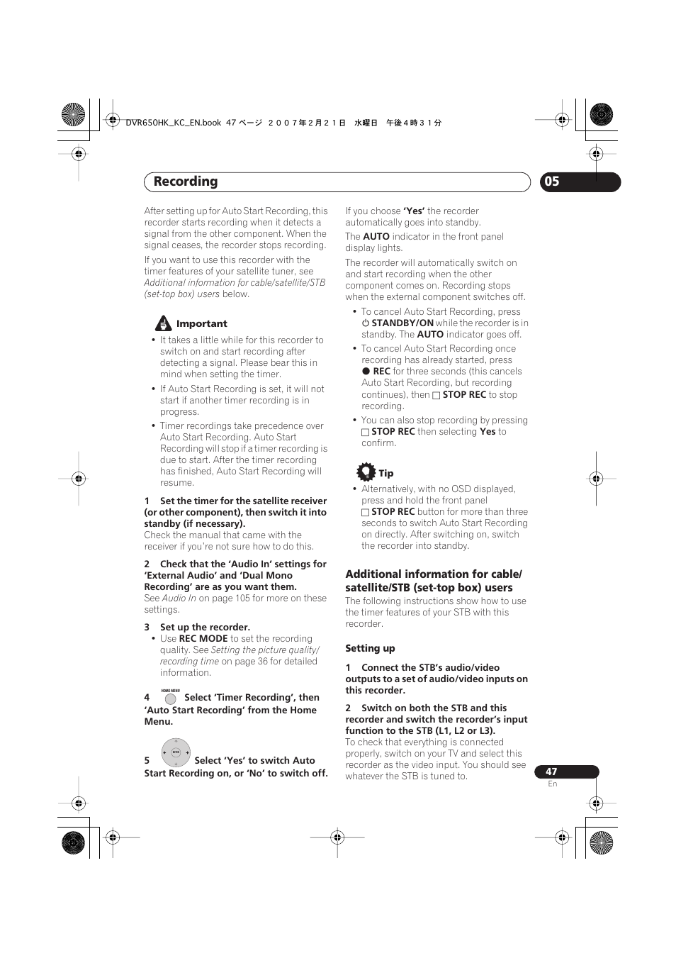 Recording | Pioneer DVR-650H-K User Manual | Page 47 / 130