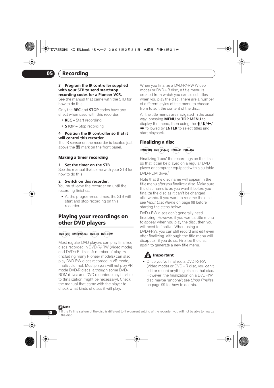 Playing your recordings on other dvd players, Recording 05, Playing your recordings on | Other dvd players | Pioneer DVR-650H-K User Manual | Page 48 / 130