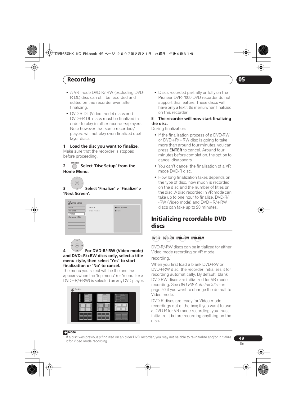 Initializing recordable dvd discs, Recording, Initializing recordable dvd | Discs | Pioneer DVR-650H-K User Manual | Page 49 / 130