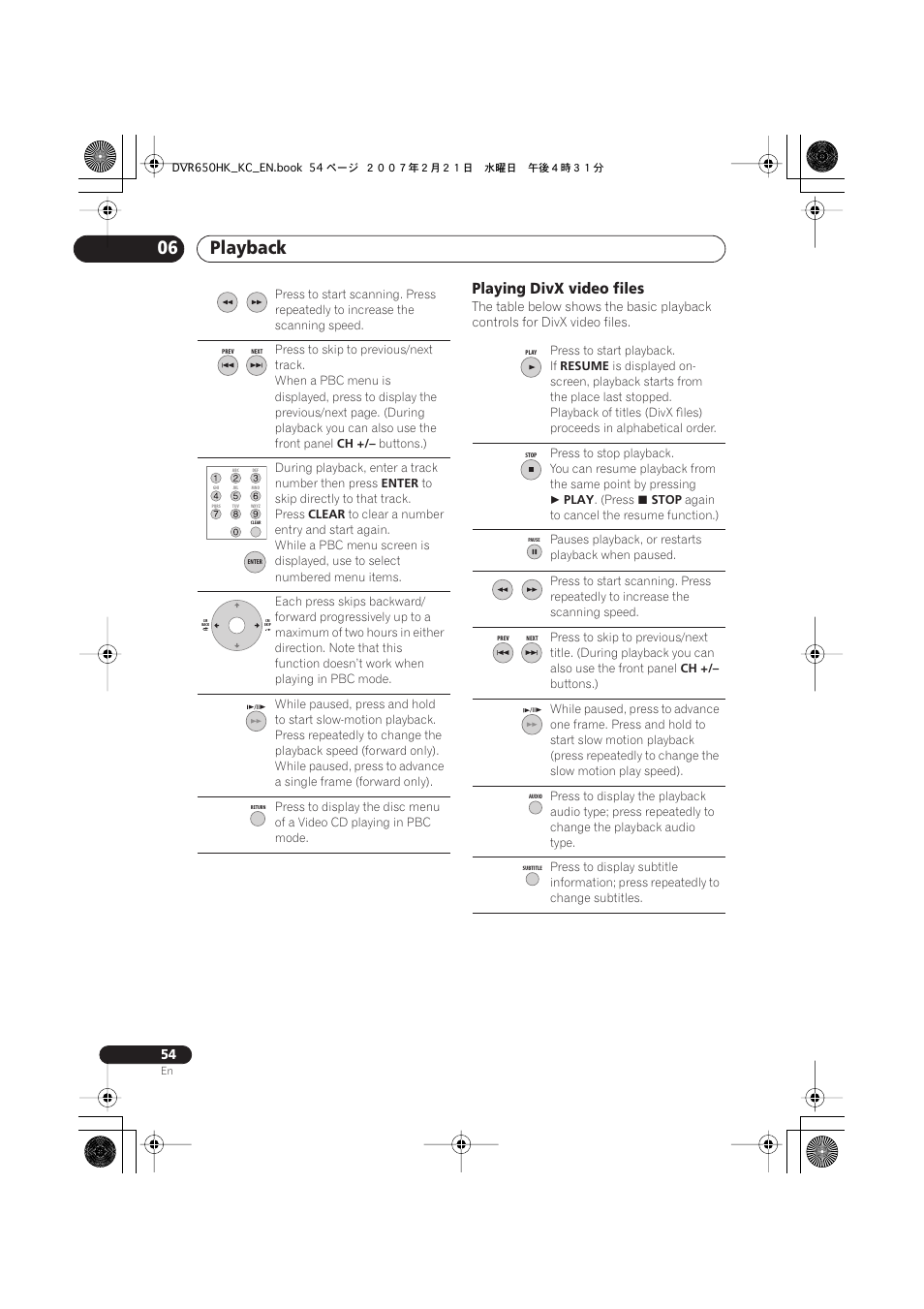 Playback 06, Playing divx video files | Pioneer DVR-650H-K User Manual | Page 54 / 130