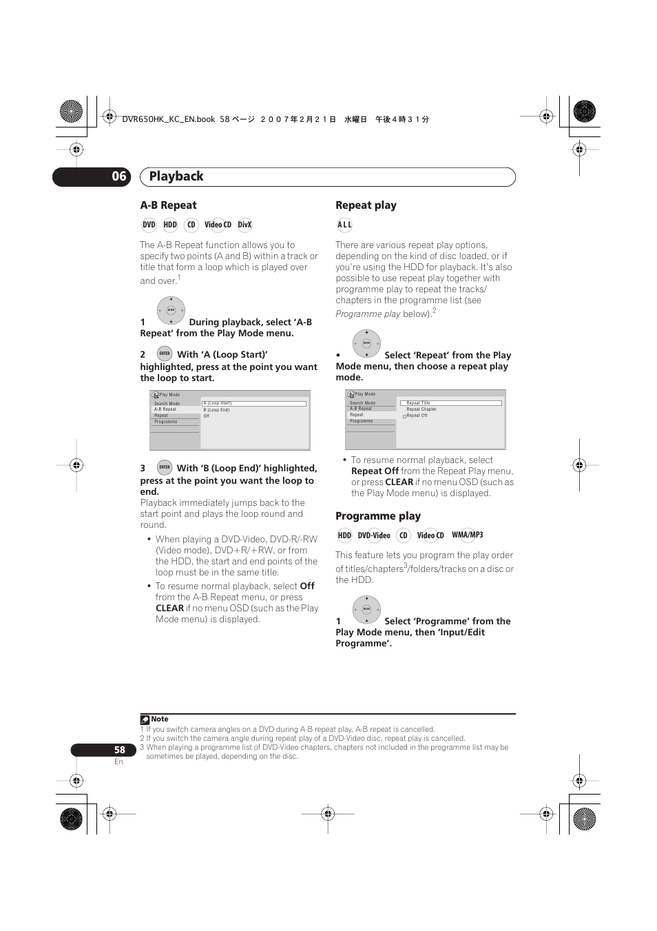 Playback 06, A-b repeat, Repeat play | Programme play | Pioneer DVR-650H-K User Manual | Page 58 / 130