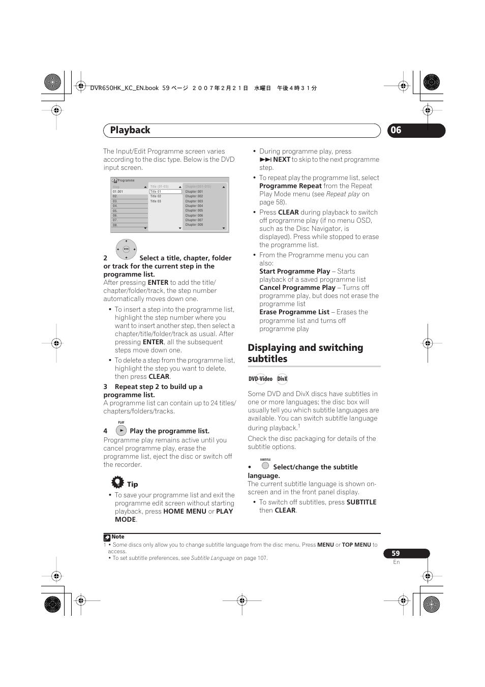 Displaying and switching subtitles, Playback, Displaying and switching | Subtitles | Pioneer DVR-650H-K User Manual | Page 59 / 130