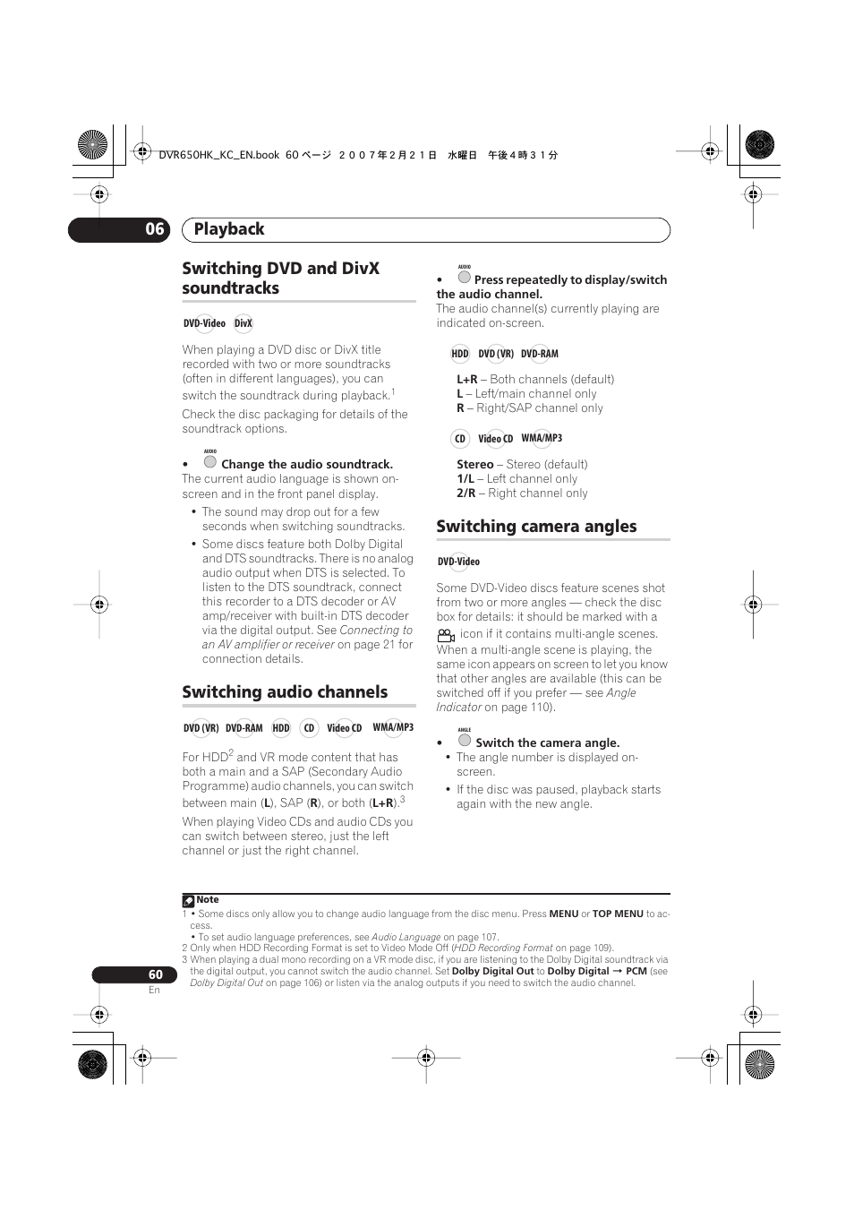 Switching dvd and divx soundtracks, Switching audio channels, Switching camera angles | Playback 06, Switching dvd and divx, Soundtracks | Pioneer DVR-650H-K User Manual | Page 60 / 130