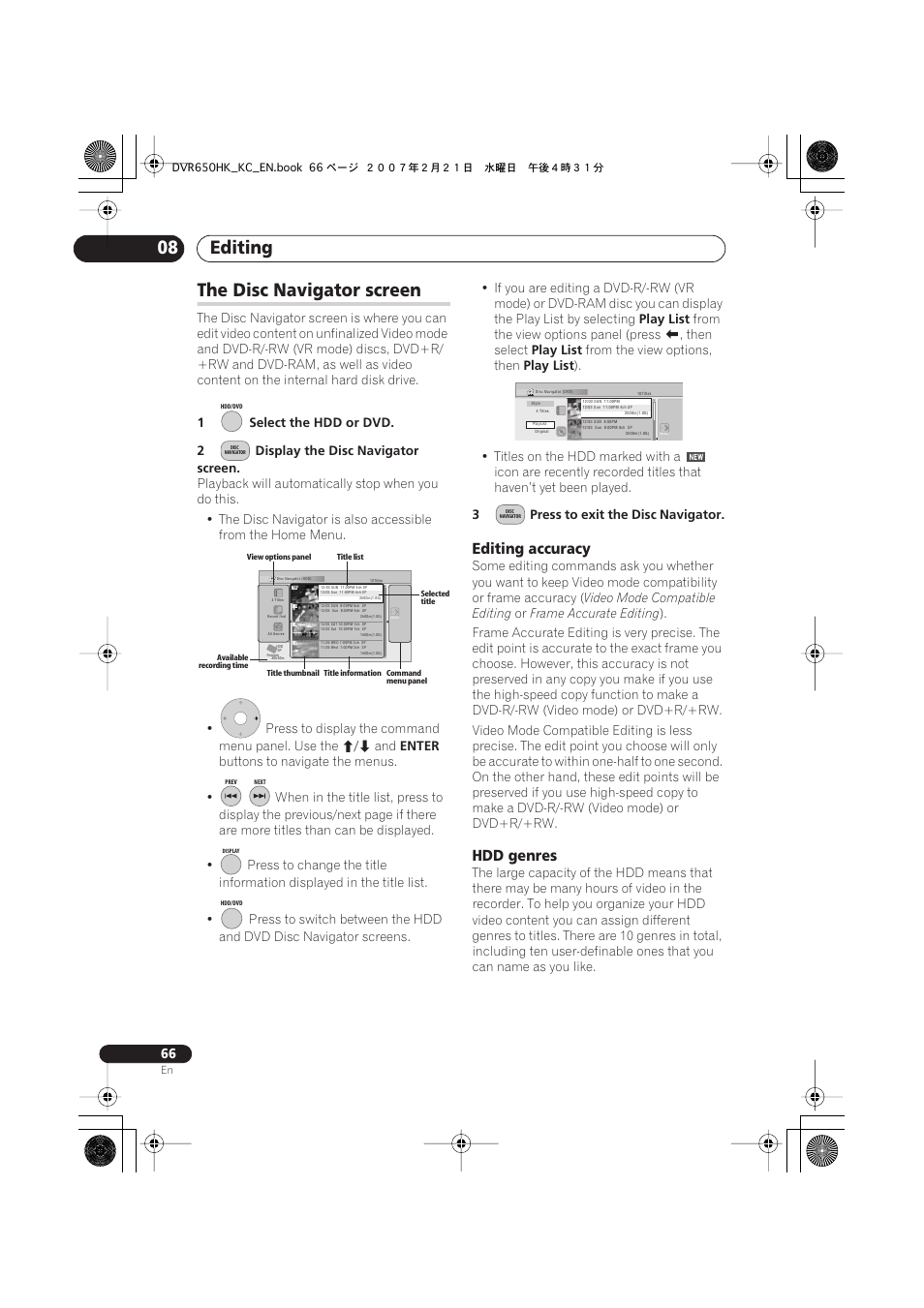 The disc navigator screen, Editing 08, Editing accuracy | Hdd genres | Pioneer DVR-650H-K User Manual | Page 66 / 130