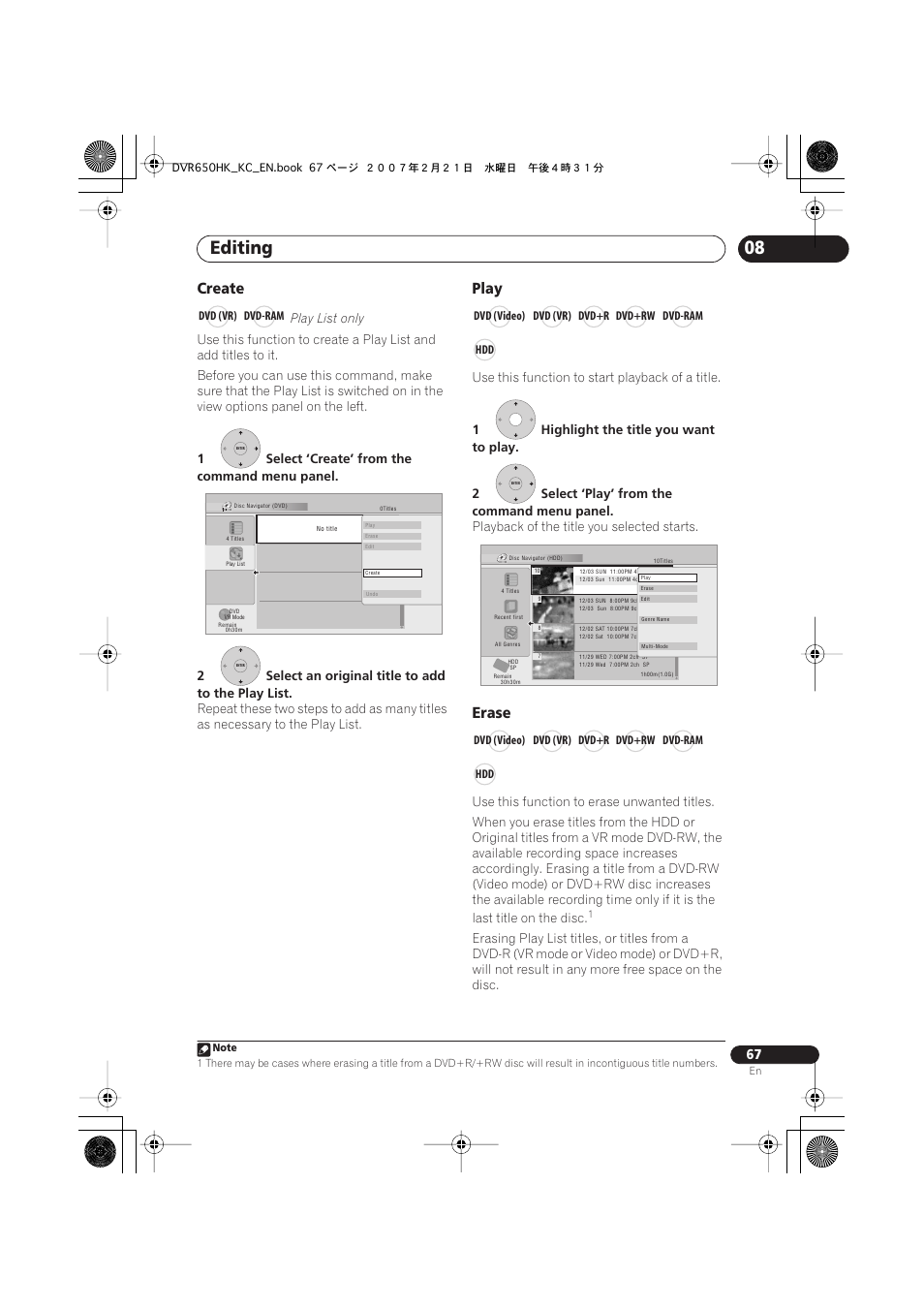 Editing, Create, Play | Erase | Pioneer DVR-650H-K User Manual | Page 67 / 130