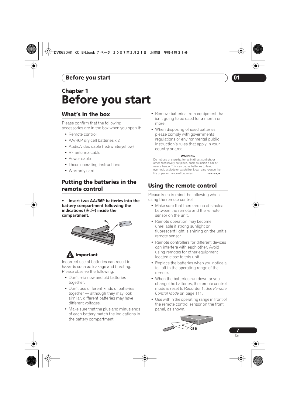 01 before you start, What’s in the box, Putting the batteries in the remote control | Using the remote control, Before you start, 01 chapter 1, Putting the batteries in the, Remote control | Pioneer DVR-650H-K User Manual | Page 7 / 130