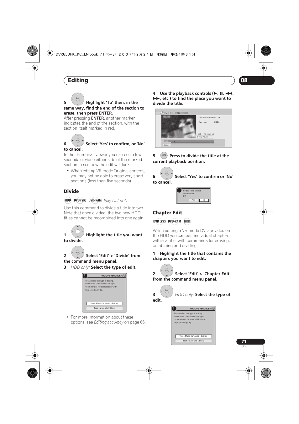 Editing, Divide, Chapter edit | Pioneer DVR-650H-K User Manual | Page 71 / 130