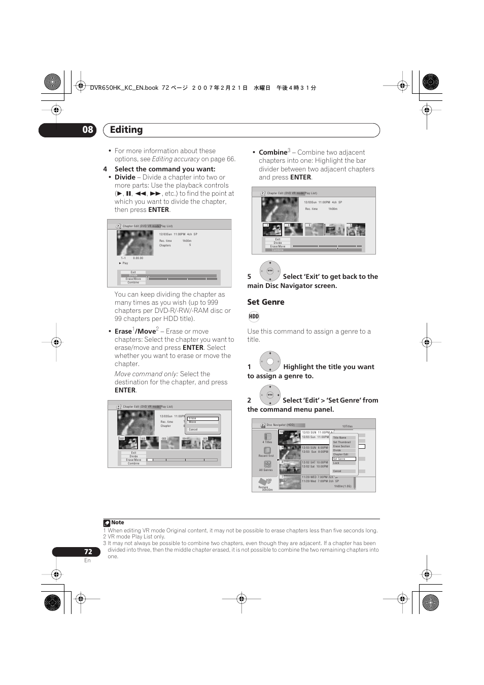 Editing 08, Set genre, For more information about these options, see | Editing accuracy, On page 66, 4select the command you want, Divide, Enter, Erase, Move | Pioneer DVR-650H-K User Manual | Page 72 / 130