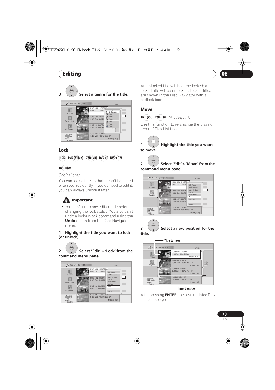 Editing, Lock, Move | 3select a genre for the title, Original only, Important, Undo, Option from the disc navigator menu, Play list only, After pressing | Pioneer DVR-650H-K User Manual | Page 73 / 130