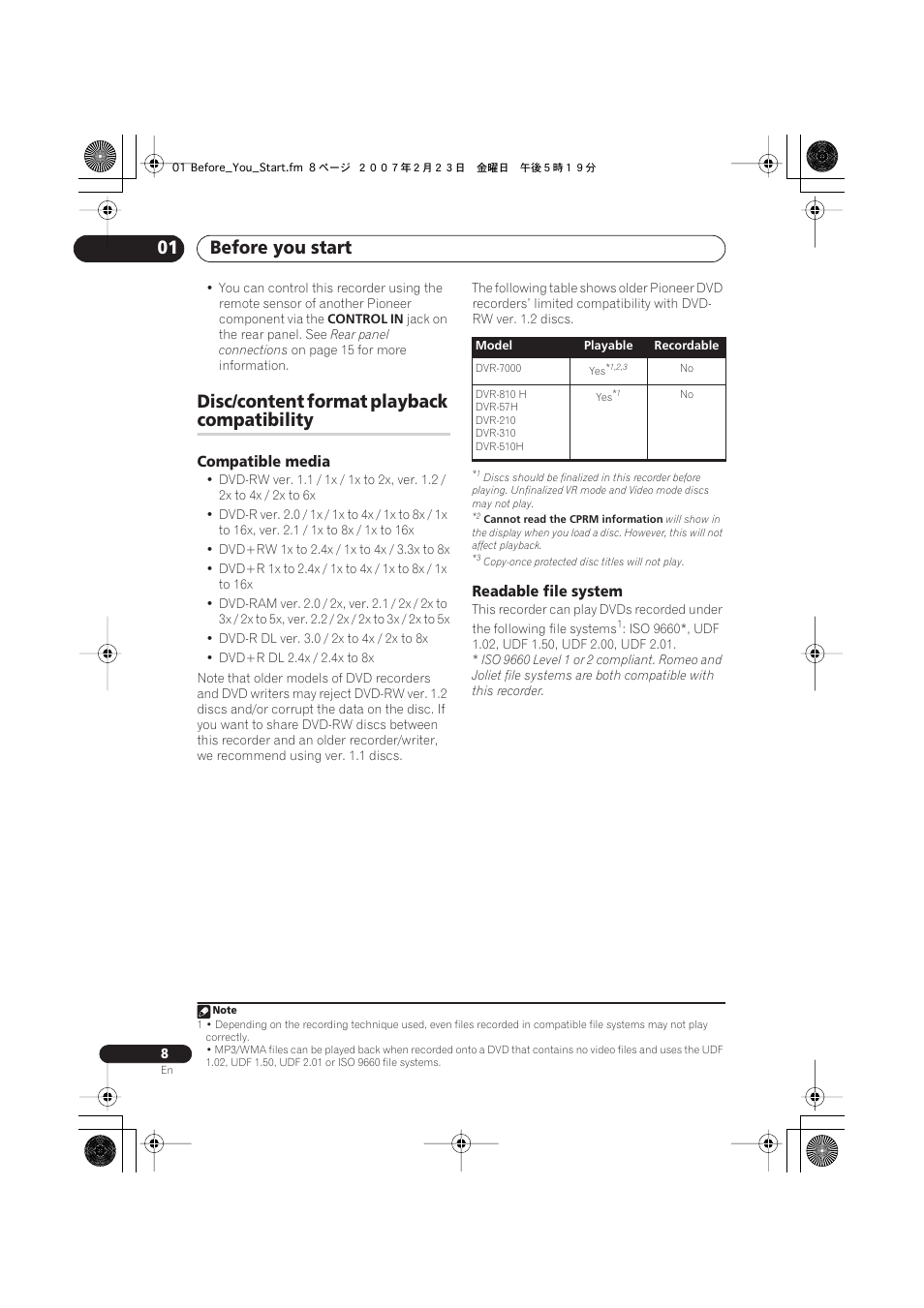 Disc/content format playback compatibility, Before you start 01, Disc/content format playback | Compatibility, Compatible media, Readable file system | Pioneer DVR-650H-K User Manual | Page 8 / 130