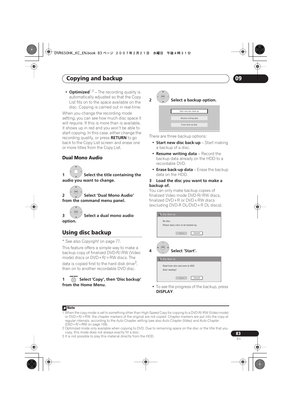 Using disc backup, Copying and backup, Dual mono audio | Pioneer DVR-650H-K User Manual | Page 83 / 130