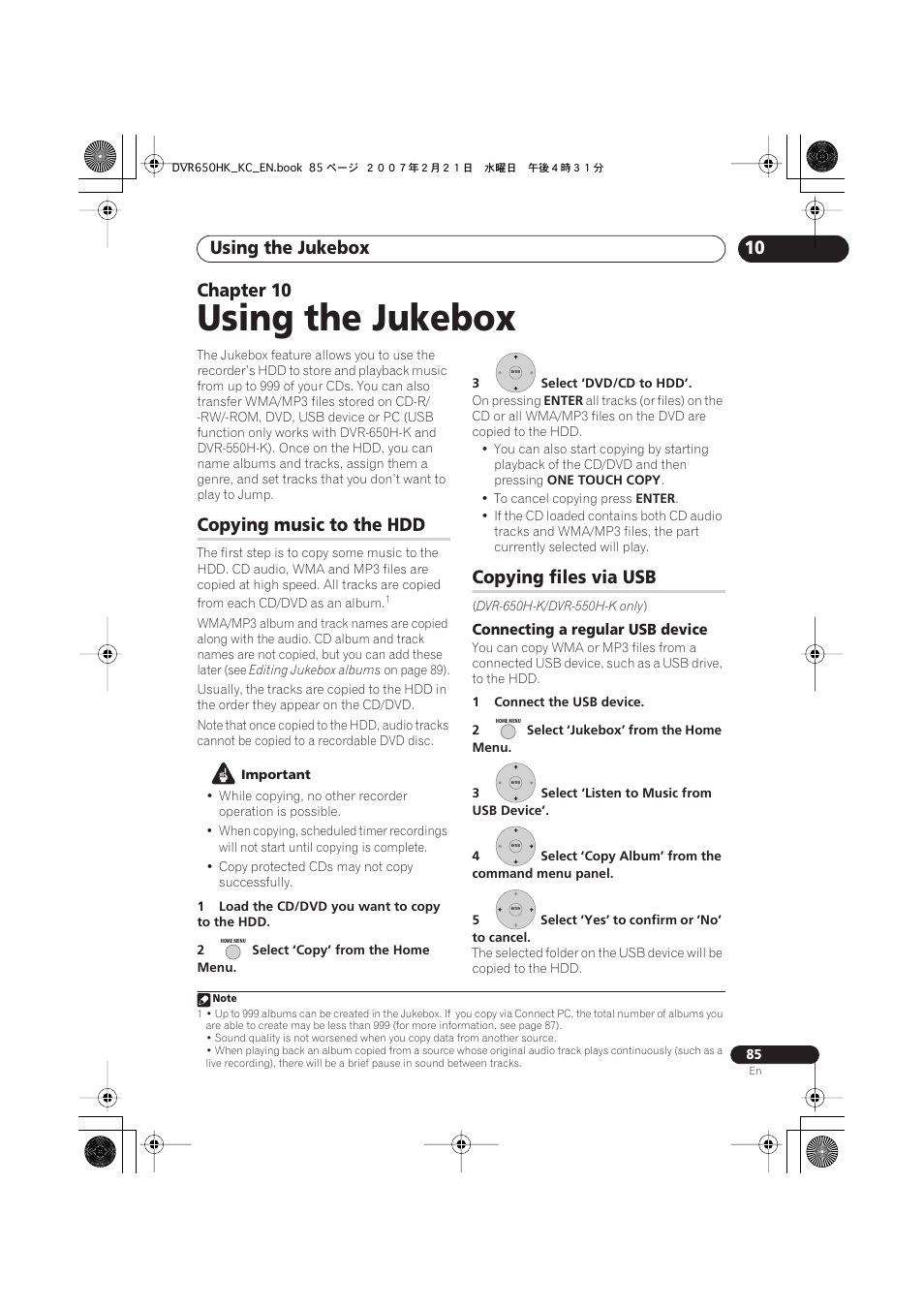 10 using the jukebox, Copying music to the hdd, Copying files via usb | Using the jukebox, 10 chapter 10 | Pioneer DVR-650H-K User Manual | Page 85 / 130