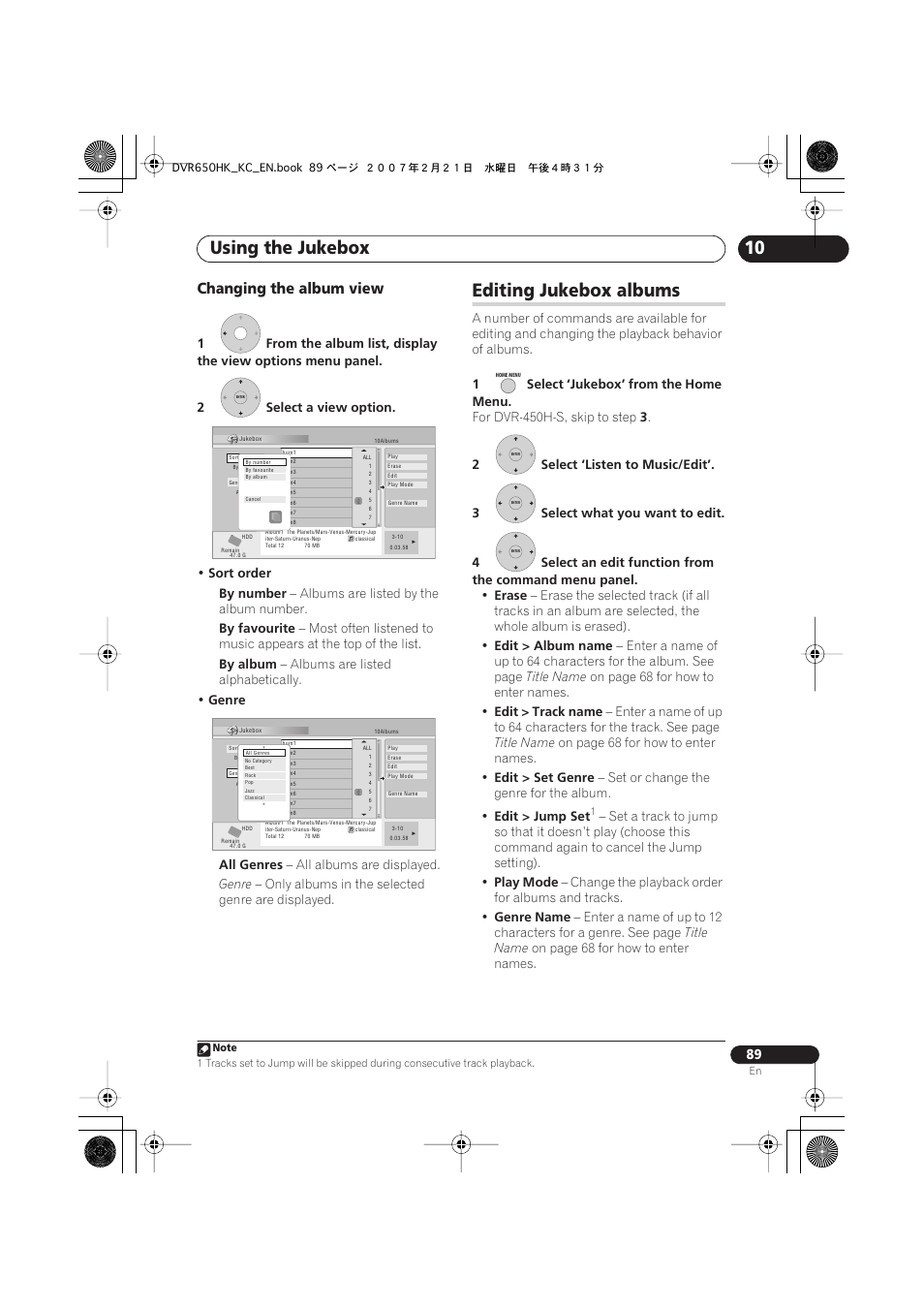 Editing jukebox albums, Using the jukebox, Changing the album view | Pioneer DVR-650H-K User Manual | Page 89 / 130