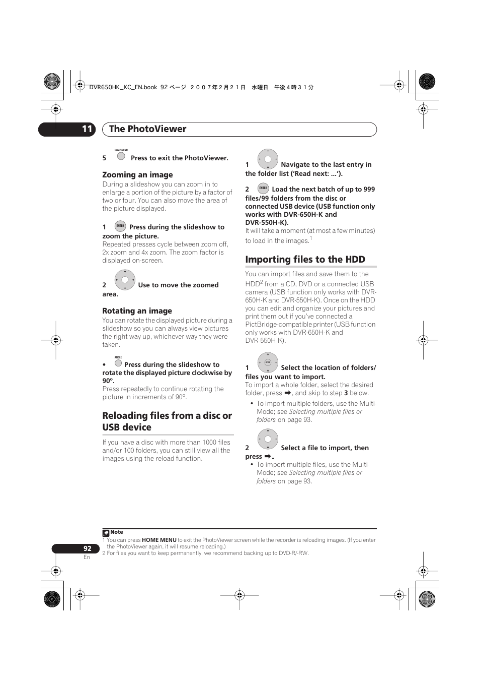 Reloading files from a disc or usb device, Importing files to the hdd, The photoviewer 11 | Reloading files from a disc or, Usb device | Pioneer DVR-650H-K User Manual | Page 92 / 130