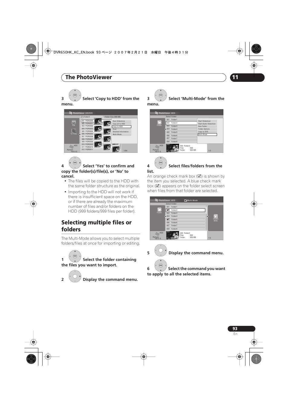 Selecting multiple files or folders, The photoviewer, Selecting multiple files or | Folders, An orange check mark box | Pioneer DVR-650H-K User Manual | Page 93 / 130