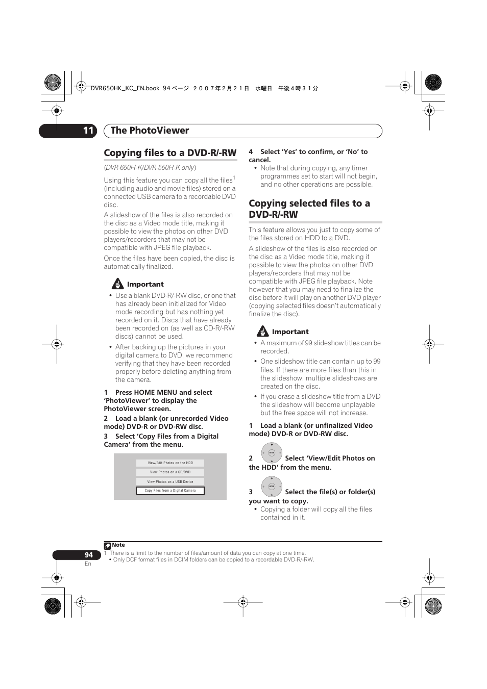 Copying files to a dvd-r/-rw, Copying selected files to a dvd-r/-rw, The photoviewer 11 | Copying selected files to a, Dvd-r/-rw | Pioneer DVR-650H-K User Manual | Page 94 / 130