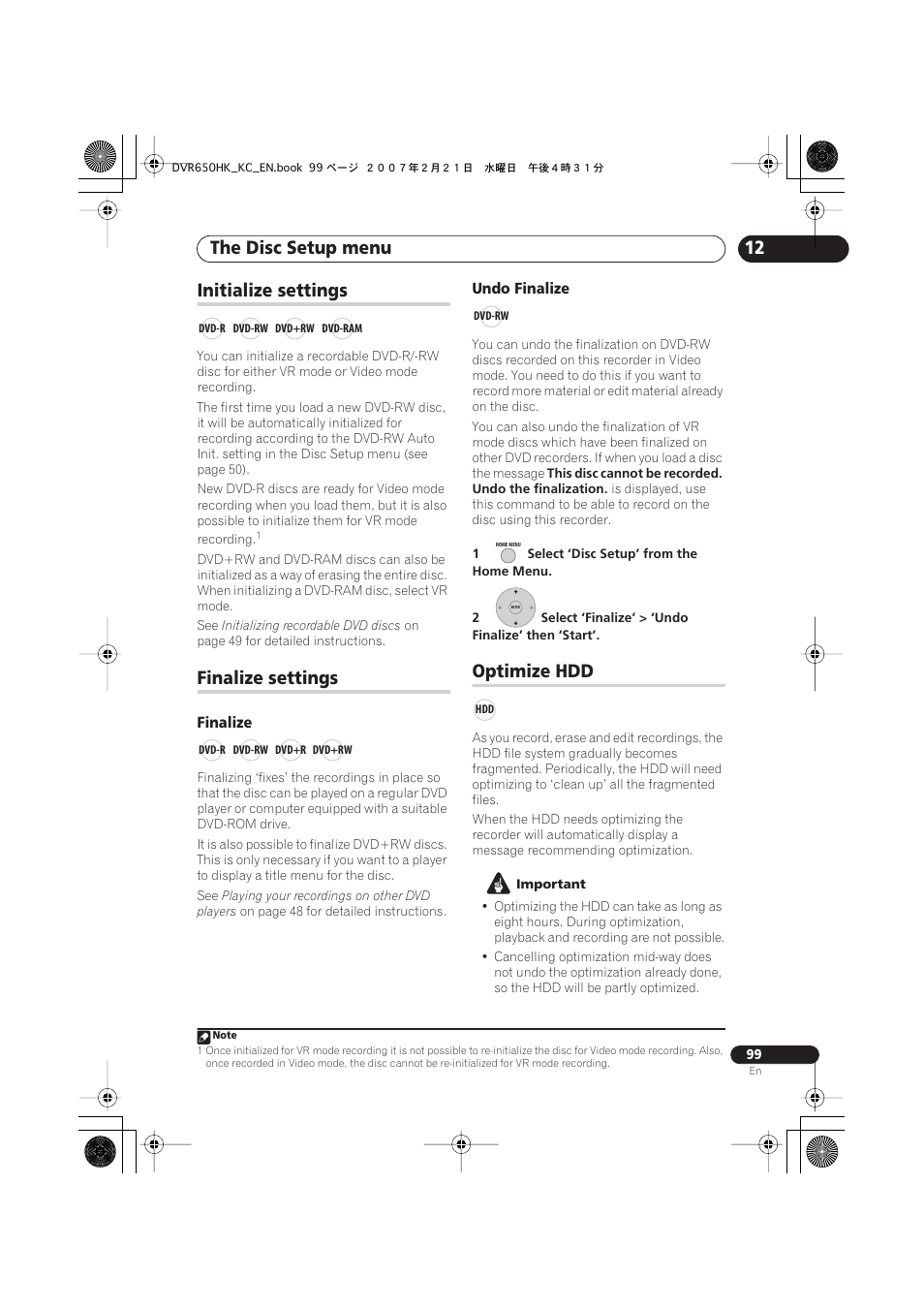 Initialize settings, Finalize settings, Optimize hdd | The disc setup menu | Pioneer DVR-650H-K User Manual | Page 99 / 130