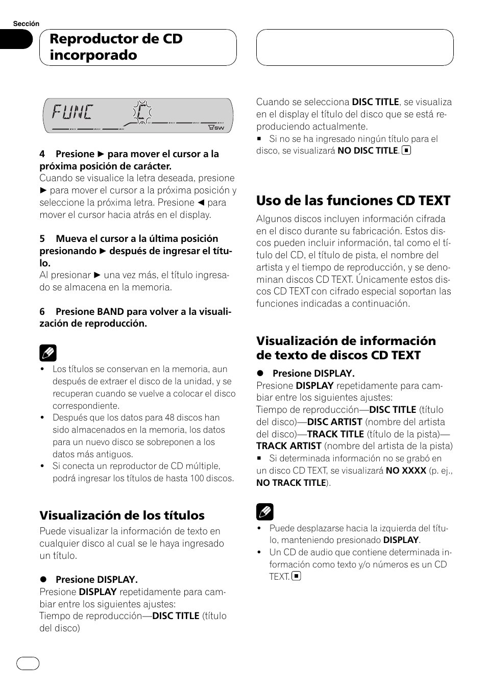 Visualización de los títulos 104, Uso de las funciones cd text, Visualización de información de texto | De discos cd text, Reproductor de cd incorporado, Visualización de los títulos | Pioneer DEH-P3900MP User Manual | Page 104 / 132