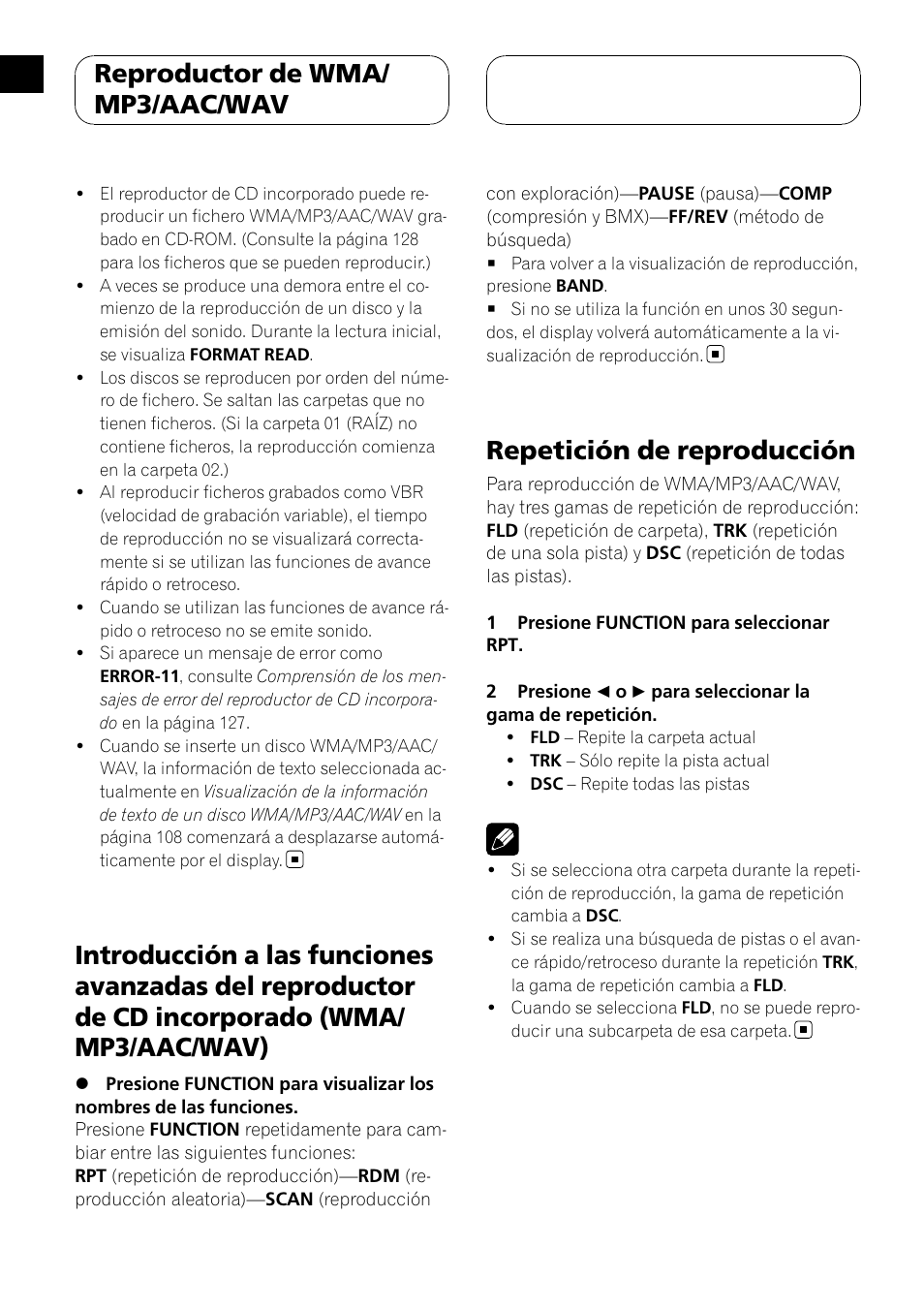Introducción a las funciones avanzadas del, Reproductor de cd incorporado (wma/ mp3/aac/wav), Repetición de reproducción | Reproductor de wma/ mp3/aac/wav | Pioneer DEH-P3900MP User Manual | Page 106 / 132