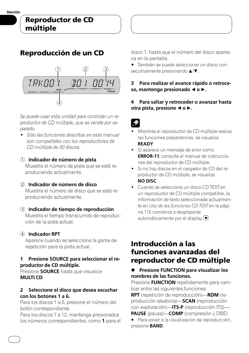 Reproductor de cd múltiple reproducción de un cd, Introducción a las funciones avanzadas del, Reproductor de cd múltiple | Reproducción de un cd | Pioneer DEH-P3900MP User Manual | Page 110 / 132
