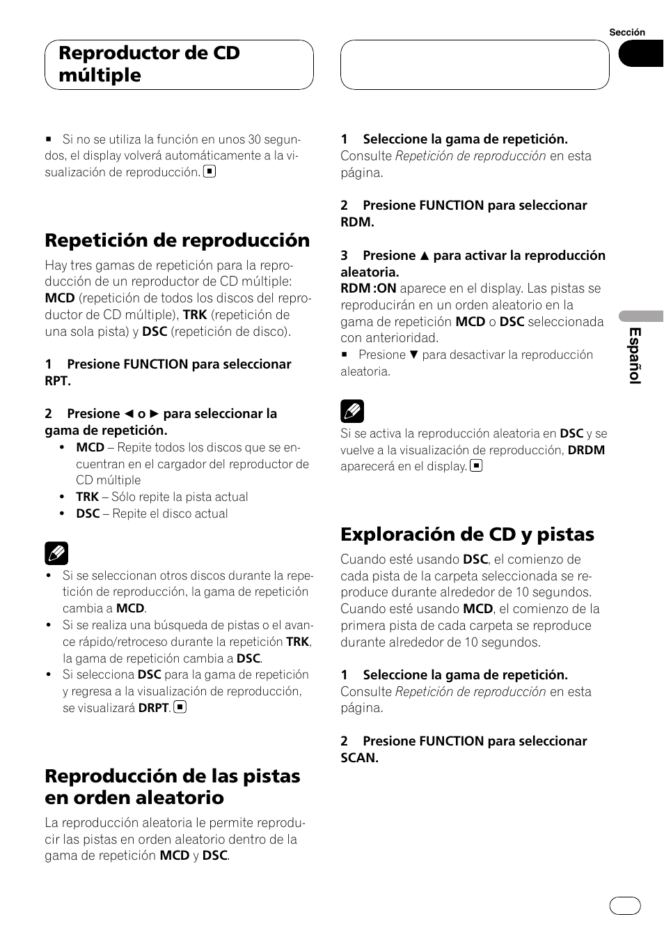 Repetición de reproducción, Reproducción de las pistas en orden, Aleatorio | Exploración de cd y pistas, Reproducción de las pistas en orden aleatorio, Reproductor de cd múltiple | Pioneer DEH-P3900MP User Manual | Page 111 / 132