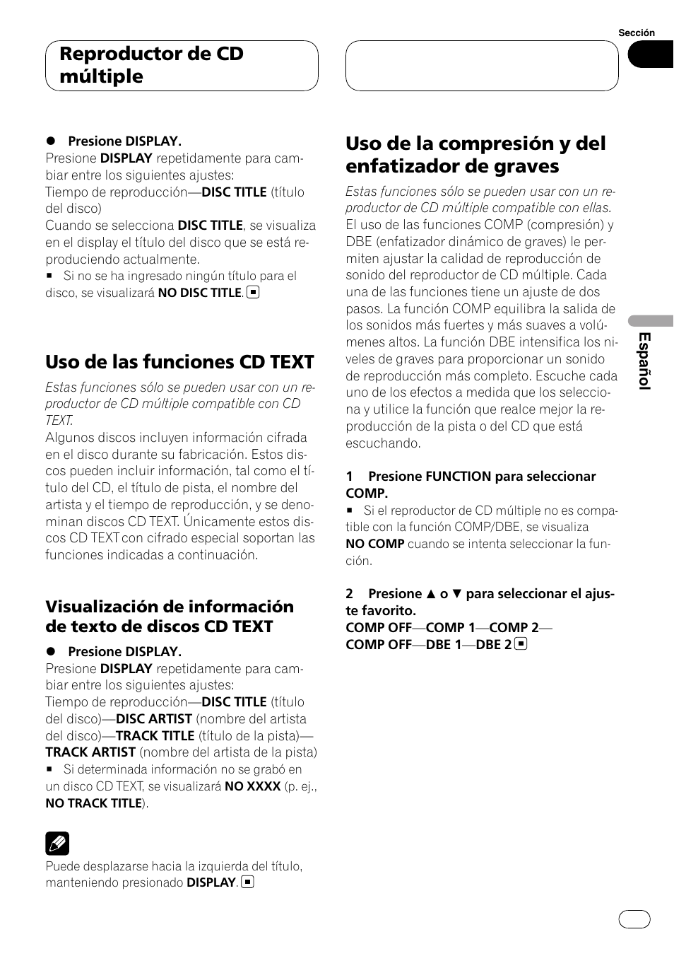 Uso de las funciones cd text, Visualización de información de texto, De discos cd text | Uso de la compresión y del enfatizador de, Graves, Uso de la compresión y del enfatizador de graves, Reproductor de cd múltiple | Pioneer DEH-P3900MP User Manual | Page 115 / 132