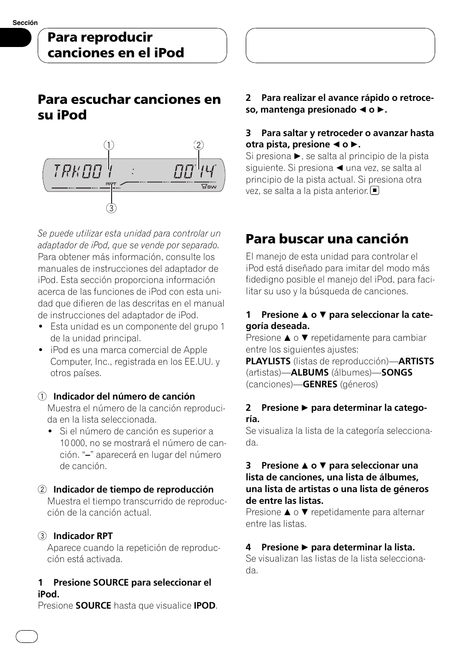 Para buscar una canción, Para escuchar canciones en su ipod, Para reproducir canciones en el ipod | Pioneer DEH-P3900MP User Manual | Page 116 / 132