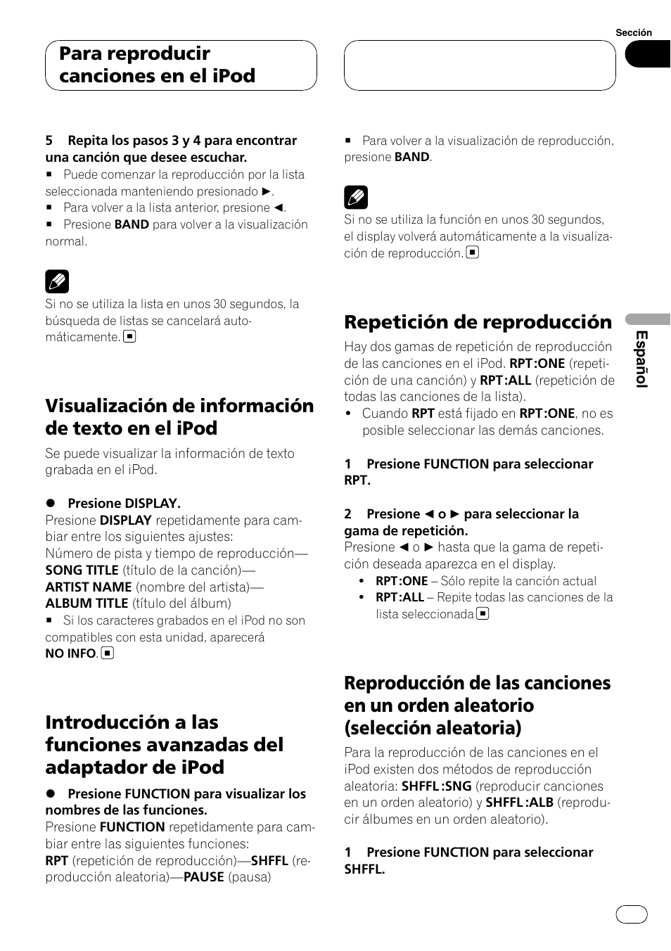 Visualización de información de texto en el, Ipod, Introducción a las funciones avanzadas del | Adaptador de ipod, Repetición de reproducción, Reproducción de las canciones en un orden, Aleatorio (selección aleatoria), Visualización de información de texto en el ipod, Para reproducir canciones en el ipod | Pioneer DEH-P3900MP User Manual | Page 117 / 132