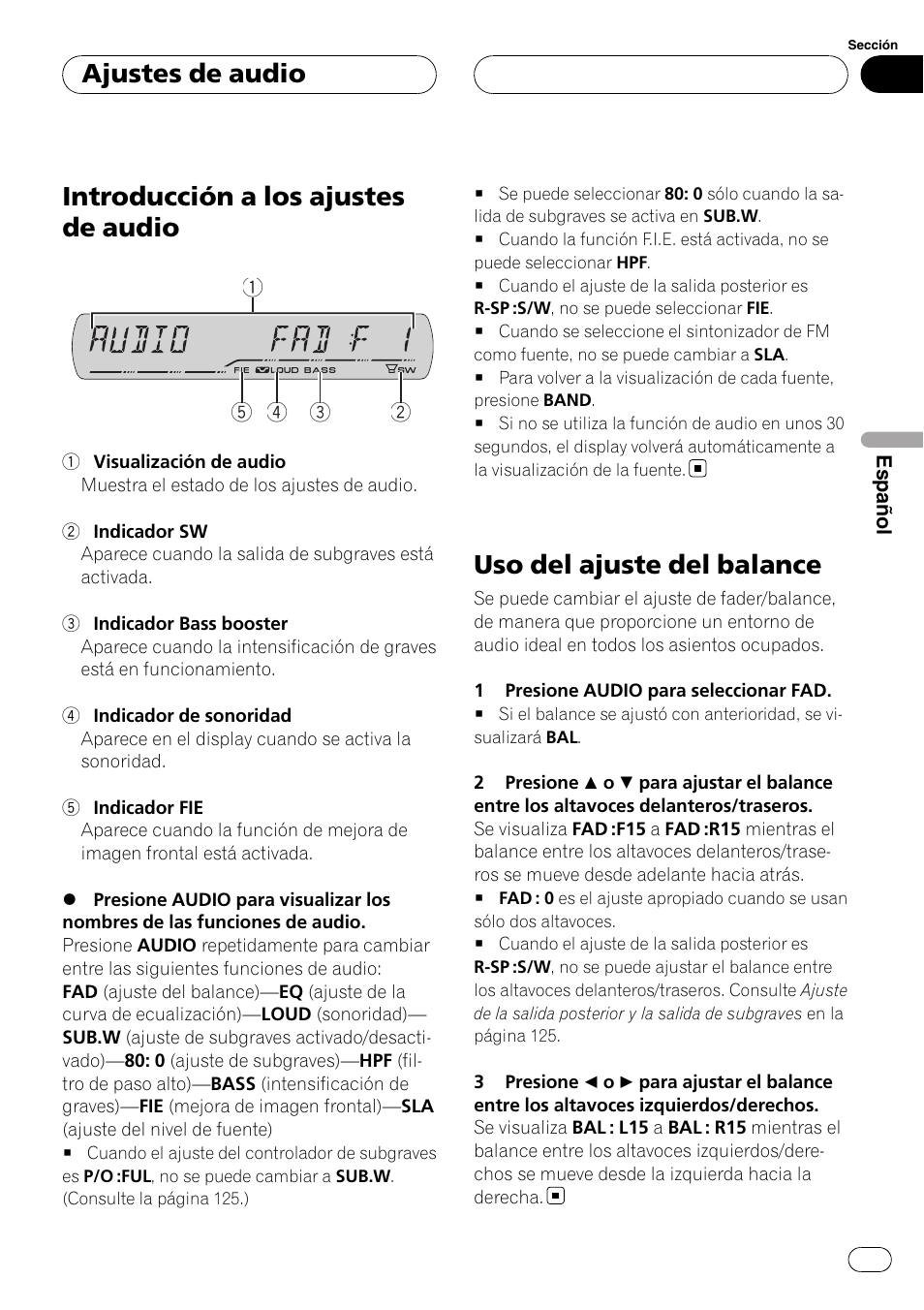 Uso del ajuste del balance, Introducción a los ajustes de audio, Ajustes de audio | Pioneer DEH-P3900MP User Manual | Page 119 / 132