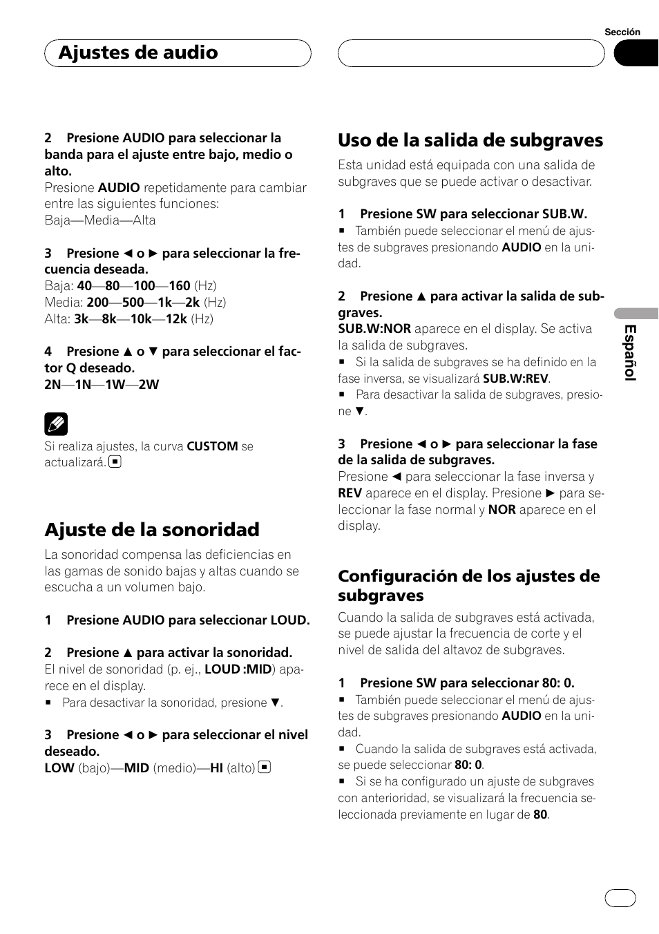 Ajuste de la sonoridad, Uso de la salida de subgraves, Configuración de los ajustes de | Subgraves, Ajustes de audio, Configuración de los ajustes de subgraves | Pioneer DEH-P3900MP User Manual | Page 121 / 132