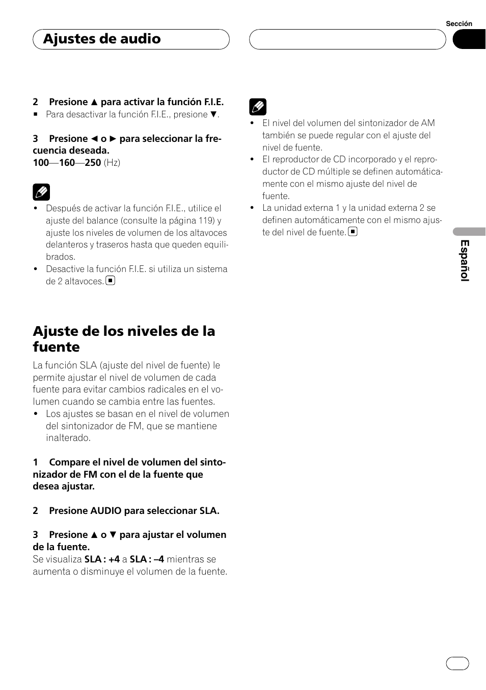 Ajuste de los niveles de la fuente, Ajustes de audio | Pioneer DEH-P3900MP User Manual | Page 123 / 132