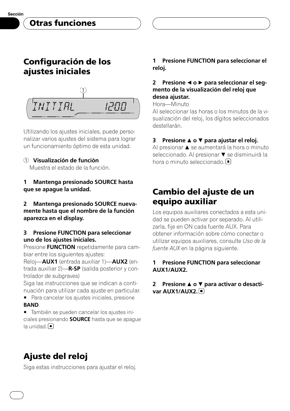Ajuste del reloj, Cambio del ajuste de un equipo, Auxiliar | Configuración de los ajustes iniciales, Cambio del ajuste de un equipo auxiliar, Otras funciones | Pioneer DEH-P3900MP User Manual | Page 124 / 132