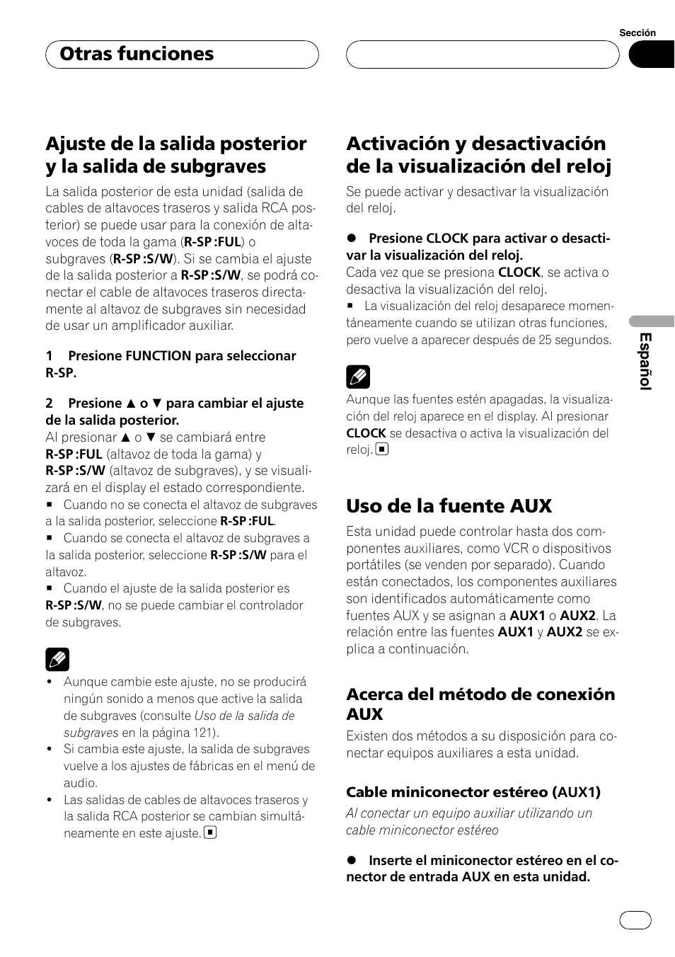 Ajuste de la salida posterior y la salida de, Subgraves, Activación y desactivación de la visualización | Del reloj, Uso de la fuente aux, Acerca del método de conexión, Otras funciones, Acerca del método de conexión aux | Pioneer DEH-P3900MP User Manual | Page 125 / 132