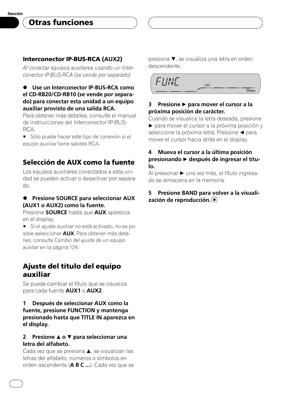 Selección de aux como la fuente 126, Ajuste del título del equipo, Auxiliar | Otras funciones, Selección de aux como la fuente, Ajuste del título del equipo auxiliar | Pioneer DEH-P3900MP User Manual | Page 126 / 132