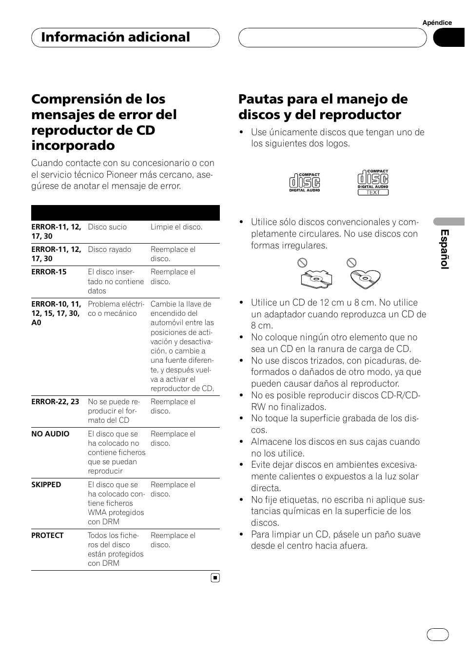 Reproductor de cd incorporado, Pautas para el manejo de discos y del, Reproductor | Pautas para el manejo de discos y del reproductor, Información adicional, Español | Pioneer DEH-P3900MP User Manual | Page 127 / 132