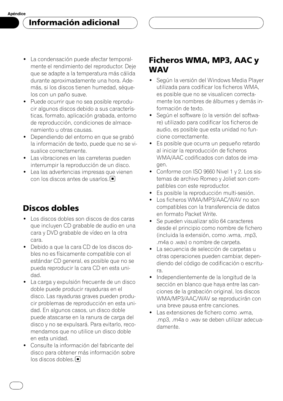 Discos dobles, Ficheros wma, mp3, aac y wav, Información adicional | Pioneer DEH-P3900MP User Manual | Page 128 / 132