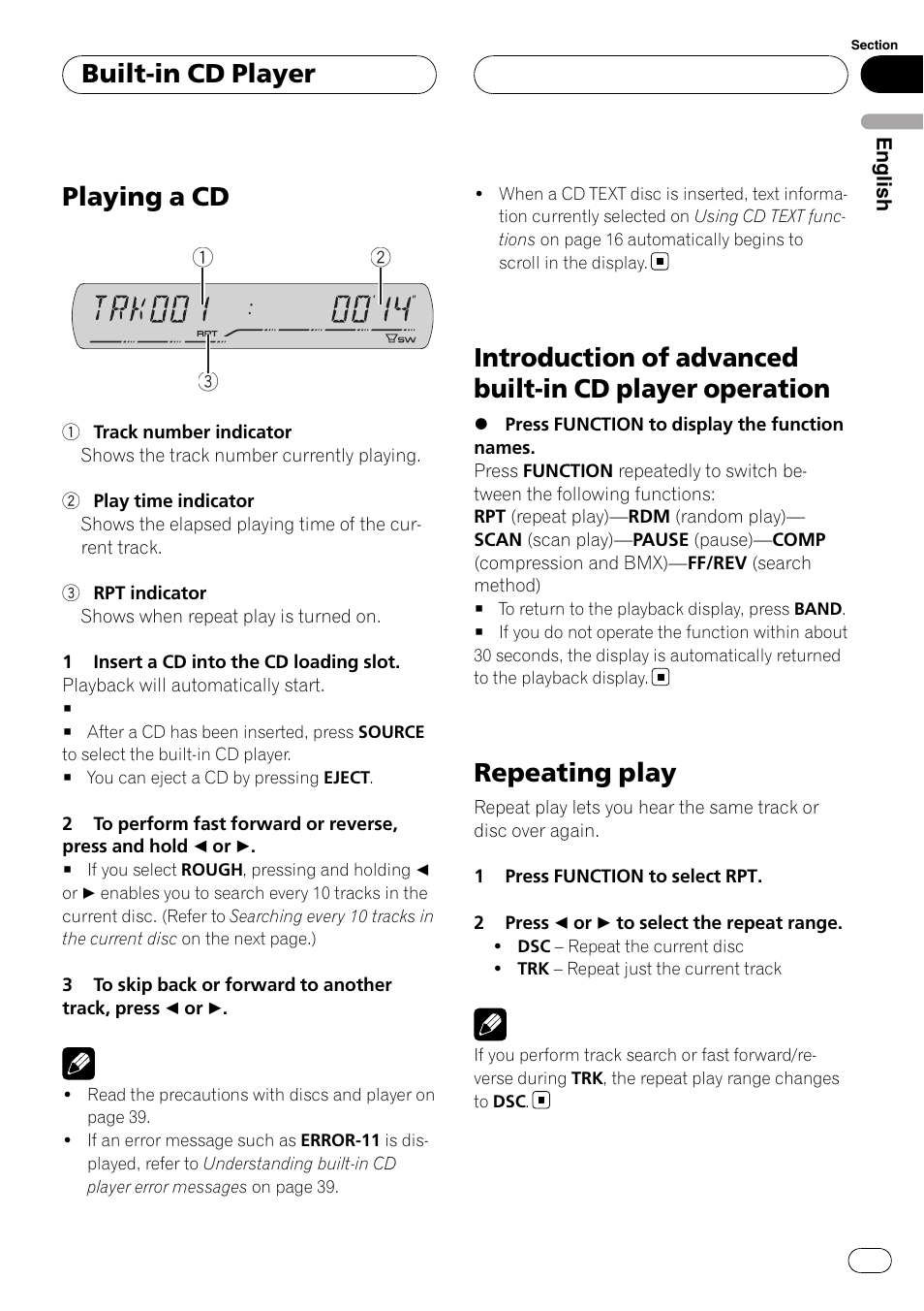 Built-in cd player playing a cd, Introduction of advanced built-in cd player, Operation | Repeating play, Playing a cd, Built-in cd player | Pioneer DEH-P3900MP User Manual | Page 13 / 132