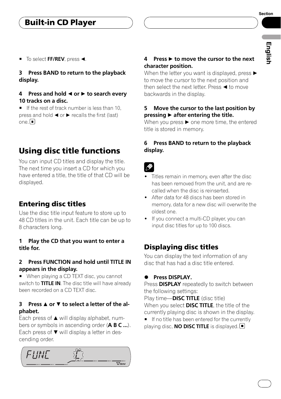 Using disc title functions, Entering disc titles 15, Displaying disc titles 15 | Built-in cd player, Entering disc titles, Displaying disc titles | Pioneer DEH-P3900MP User Manual | Page 15 / 132