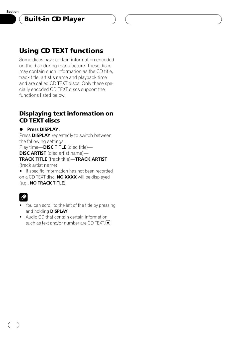 Using cd text functions, Displaying text information on cd text, Discs | Built-in cd player, Displaying text information on cd text discs | Pioneer DEH-P3900MP User Manual | Page 16 / 132
