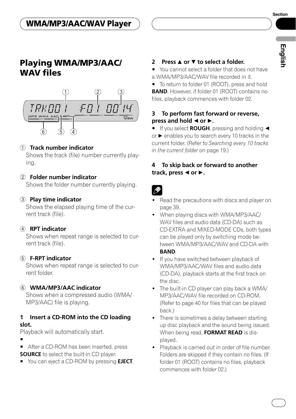 Playing wma/mp3/aac/ wav files, Wma/mp3/aac/wav player | Pioneer DEH-P3900MP User Manual | Page 17 / 132